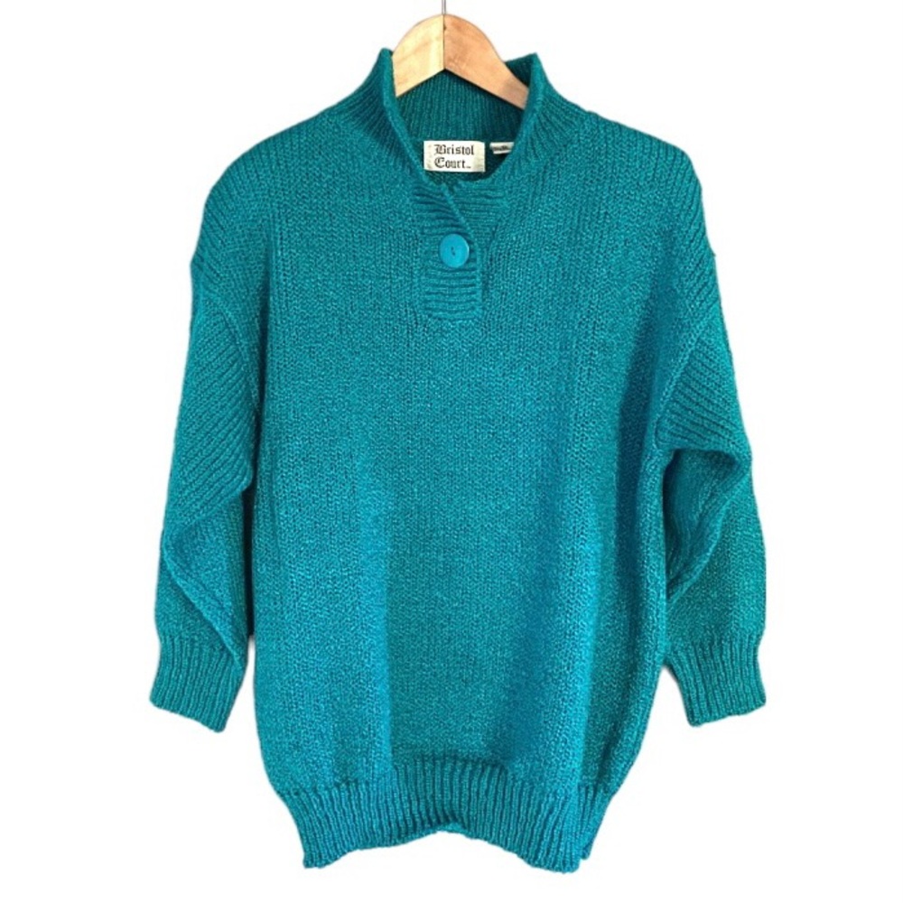 Vintage 80s Turquoise Chunky Knit Pullover Grandma Sweater collar button M